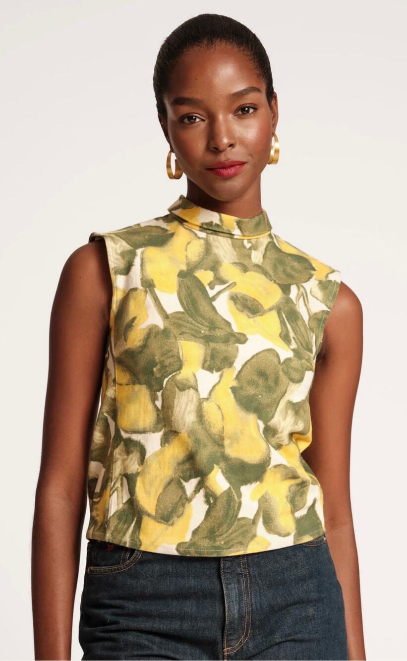Frances Valentine Floral Mock Neck Top Green Yellow White Size XS Preppy Coastal
